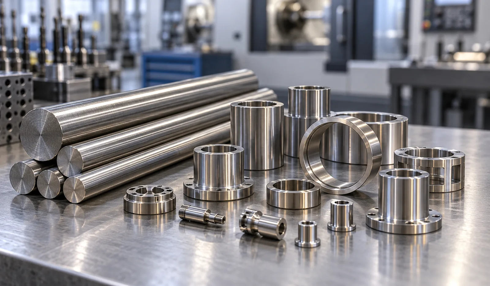Kovar alloy rods and machined components on a workbench