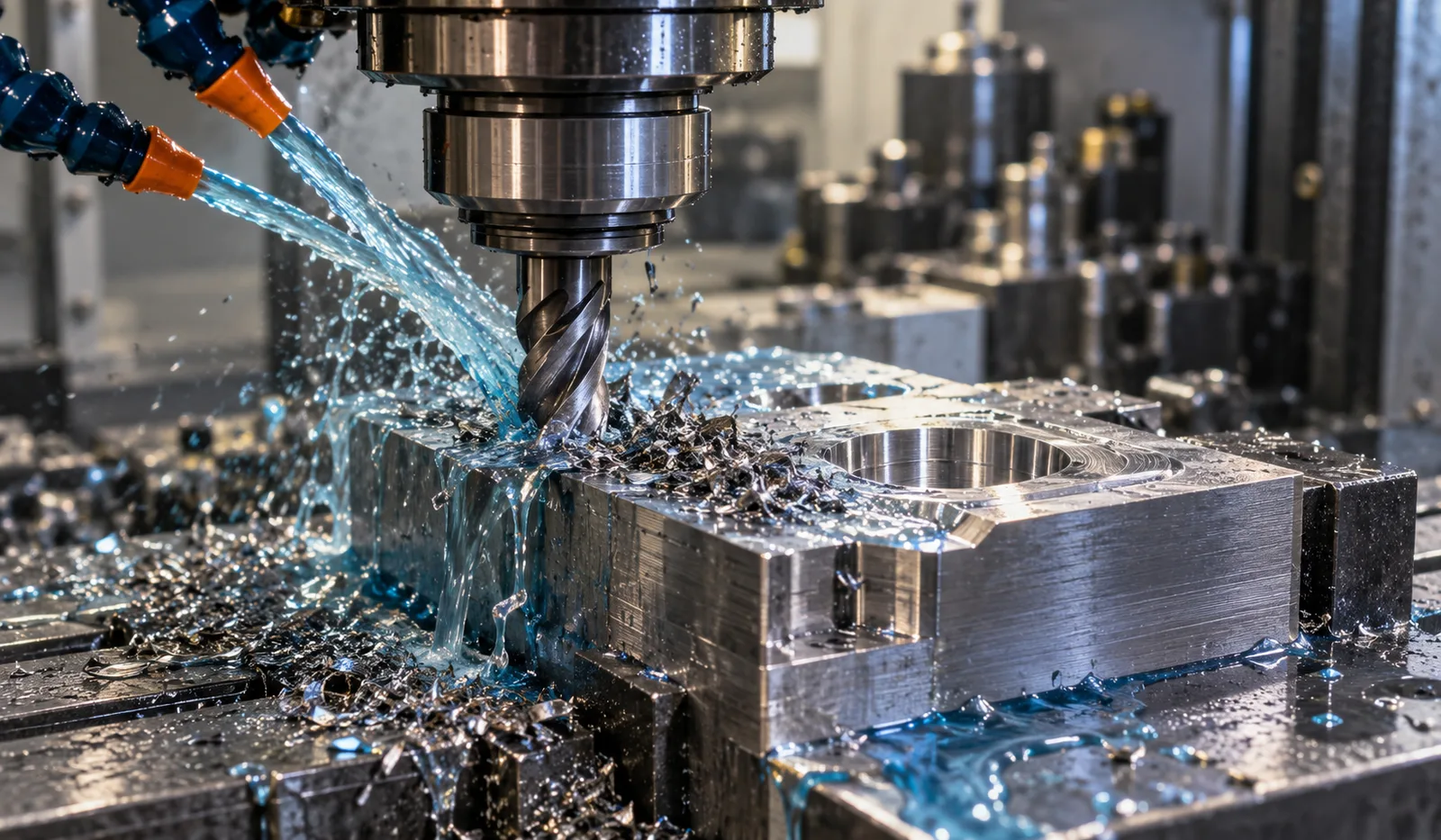 CNC milling tool cutting Kovar metal with coolant