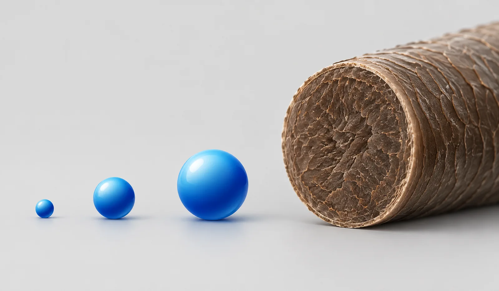 Comparison of 5, 10, and 20 micron particle sizes relative to a human hair