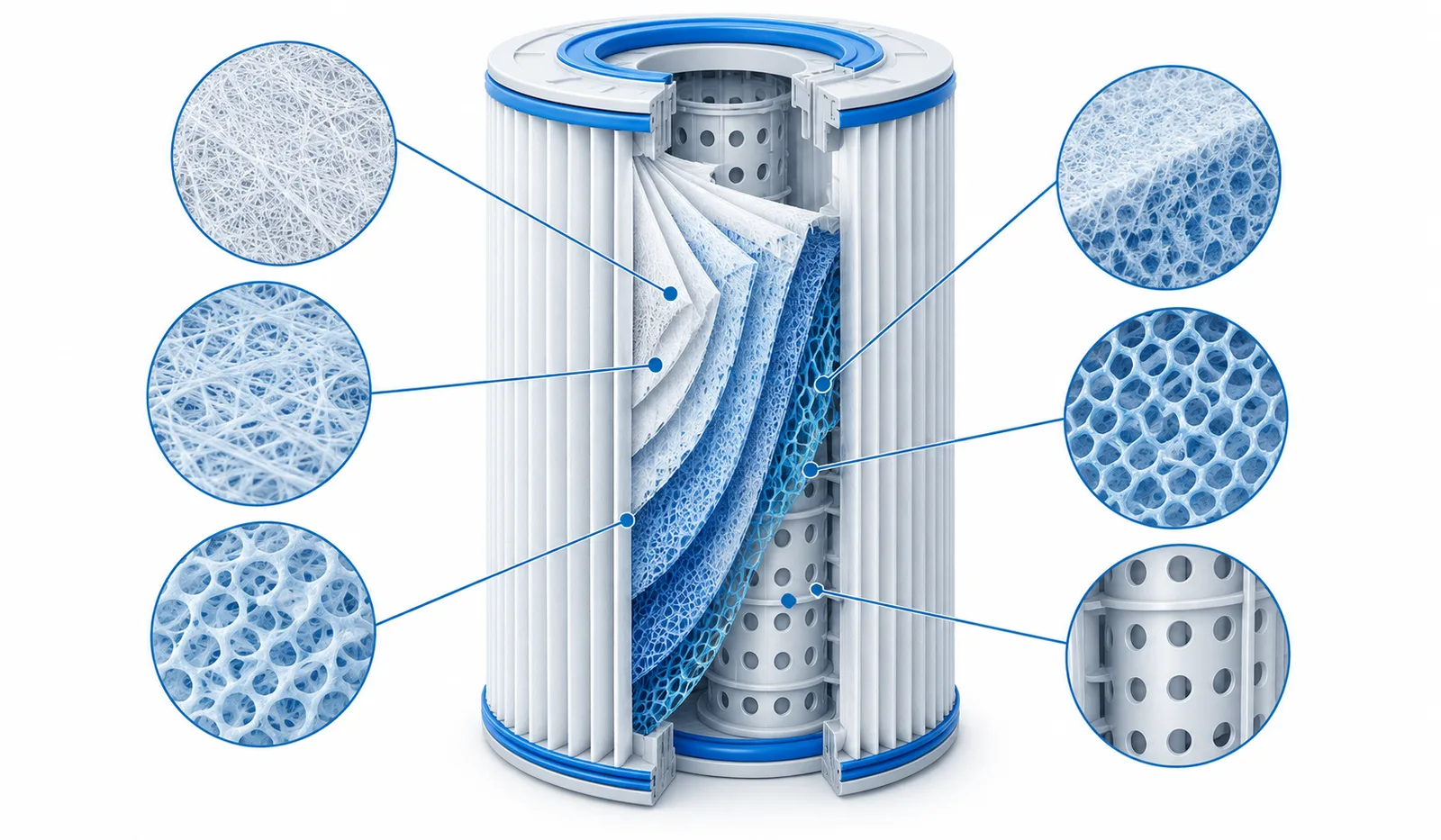 Cross-section diagram of a pleated filter cartridge with gradient pore structure